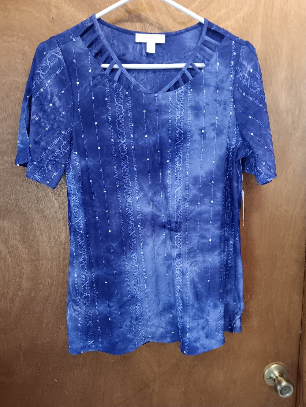 Coral Bay Navy Blue Embellished Short Sleeve Top